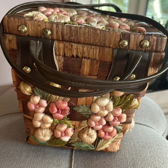 🎉HP🎉 Vintage Retro Madmen 3D floral raffia Wicker 60s basket purse handbag - Picture 5 of 14